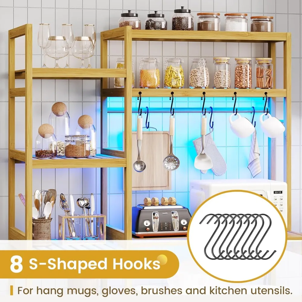 Bakers Rack with Power Outlet, Coffee Bar, 10-Tier Kitchen Shelves with 8 Hooks, Microwave Stand Kitchen Rack Freestanding Utili