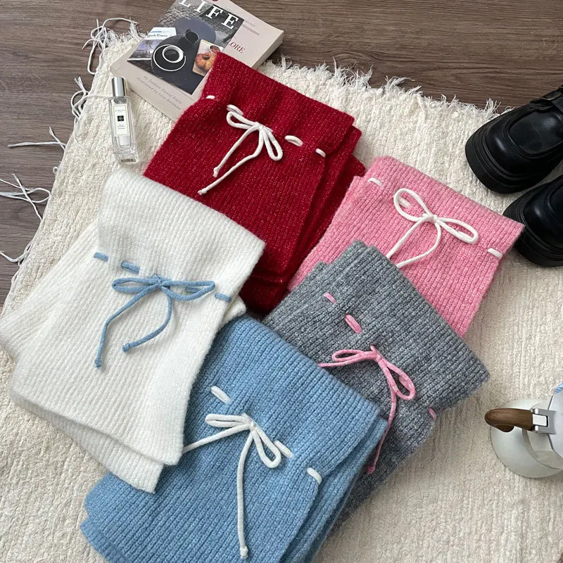 Sweet Cute Bow Lace-up Knitted Scarf Female Korean Style Fashion Simple Kawaii Autumn Winter Warm Scarf Shawl for Women Шарф