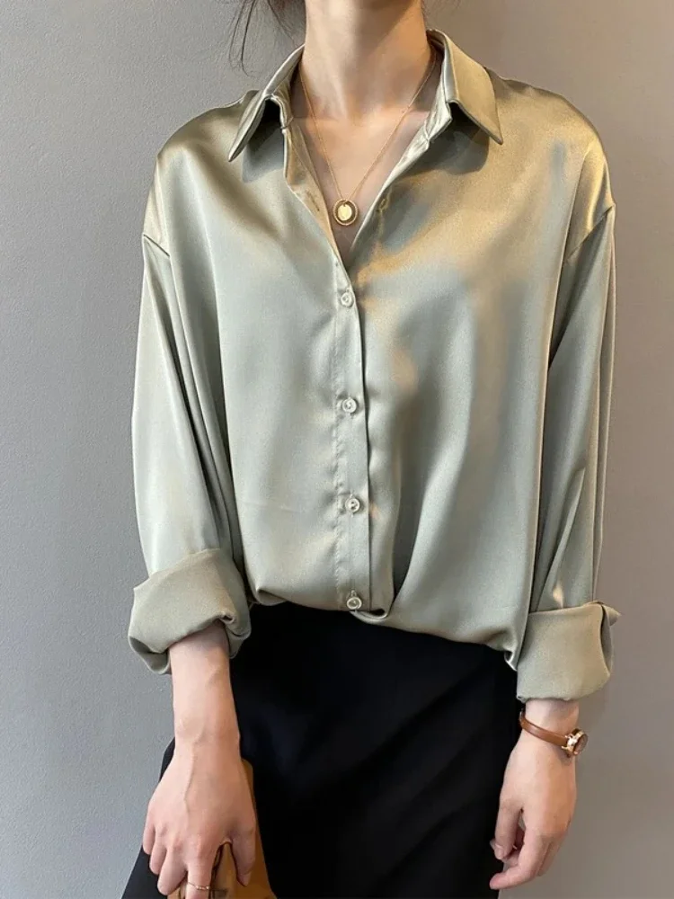 Fall Turn-down Collar Elegant Satin Loose Women Shirt 2026 Plus Size Blouse Autumn Vintage Casual Button Silk Tops