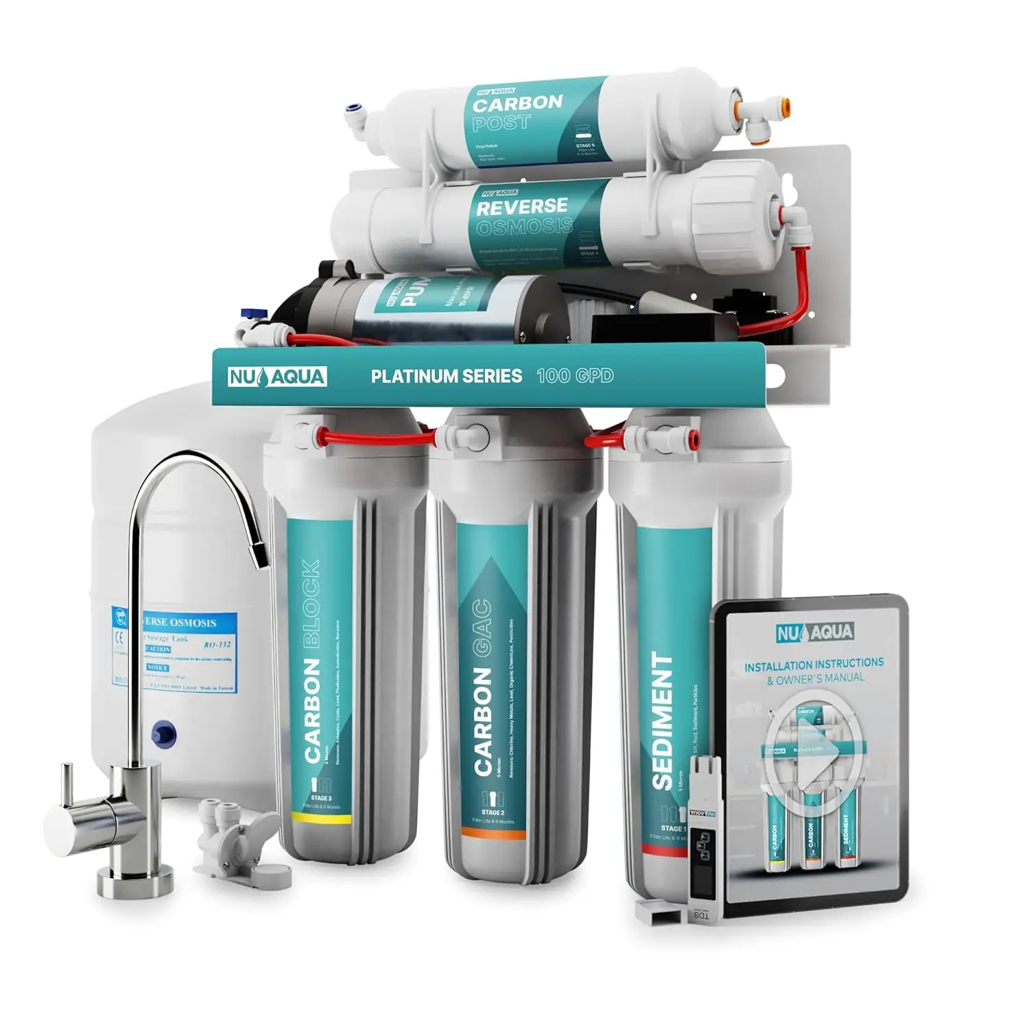 5-Stage Under Sink Reverse Osmosis Water Filter System - Booster Pump - 100 Filtration w/Faucet & Tank - PPM Mete