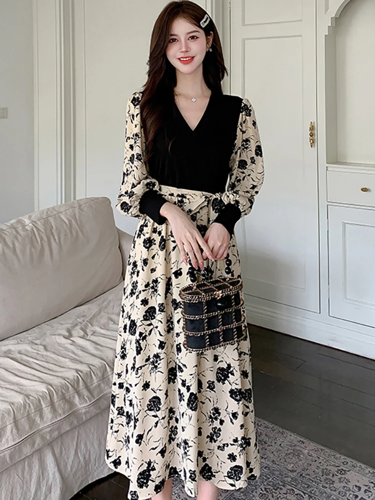 2025 nieuwe bloemen patchwork zwarte v-hals lange jurk vrouwen koreaanse vintage luxe jurk herfst elegante bodycon festival feestjurk