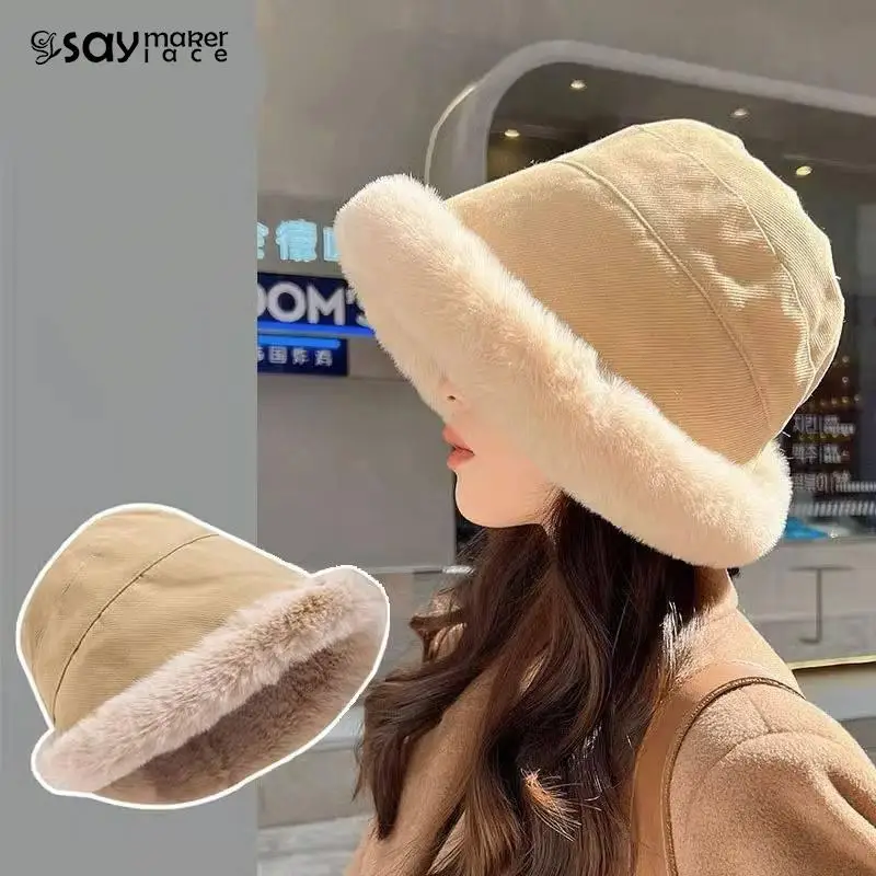 New Soft Thickened Plush Winter Bucket Hat Fashion Outdoor Warm Beanies Fisherman Hat Fashion Trend Ladies Windproof Panama Hats