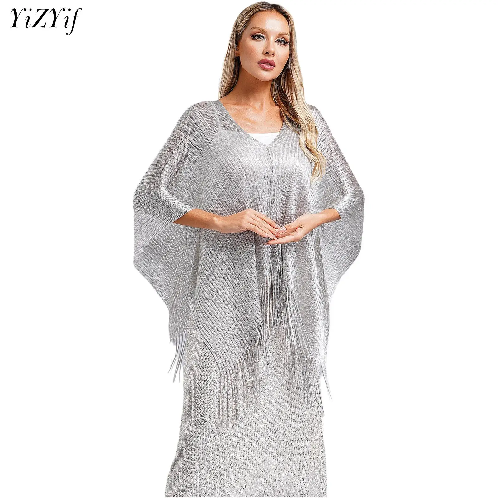 Womens Knitted Shoulder Shawl Scarf Versatile Cover-up V Neck Tassel Trim Ponchos Bohemian for Bathing Suit Dress Accessories