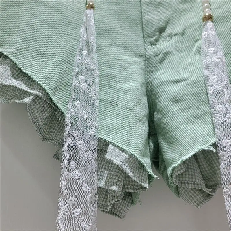 2026 Summer New Candy-colored Denim Plaid Shorts for Women High-waisted Loose Design with A Belt Booty Shorts