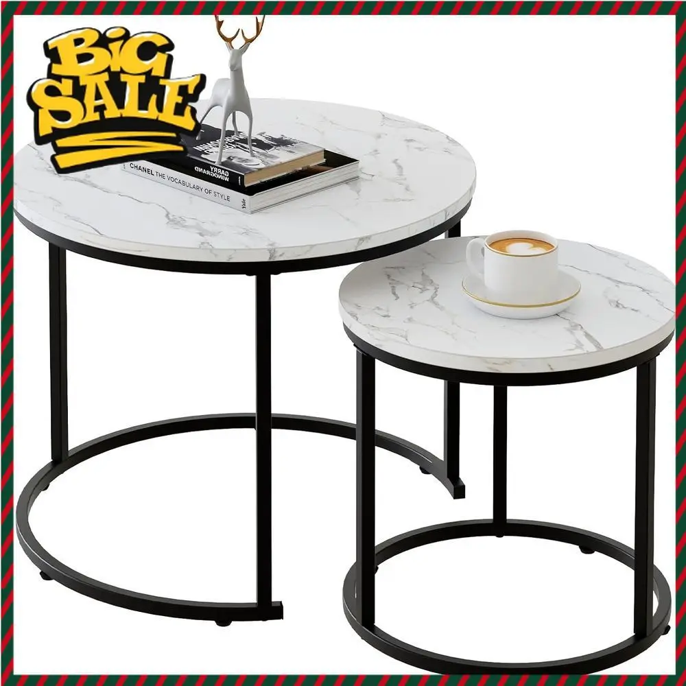 

Бестселлер: Комплект кофейного и приставного столиков с белой мраморной столешницей и черной стальной рамой для гостиной, спальни или балкона