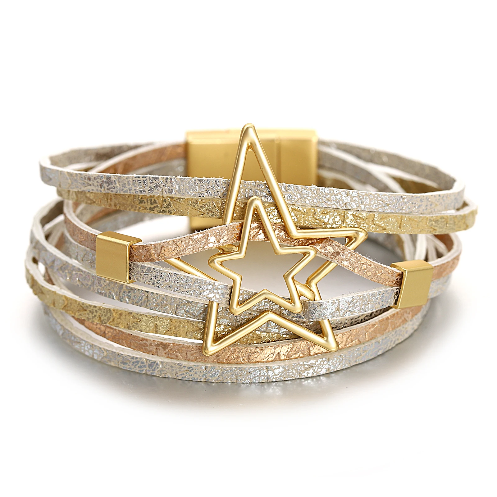 Amorcome Metal Double Five-pointed Star Charm Bracelets for Women Boho Stars Printed Leather Multilayer Wrap Bracelet Jewelry