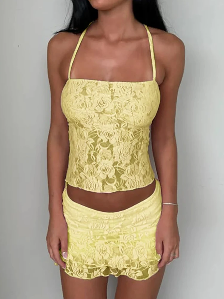 RORORIRI-falda camisola de punto de encaje para mujer, conjunto de dos piezas con cinta, Top corto elástico con espalda descubierta, minifalda con volantes para pastel, ropa Y2k