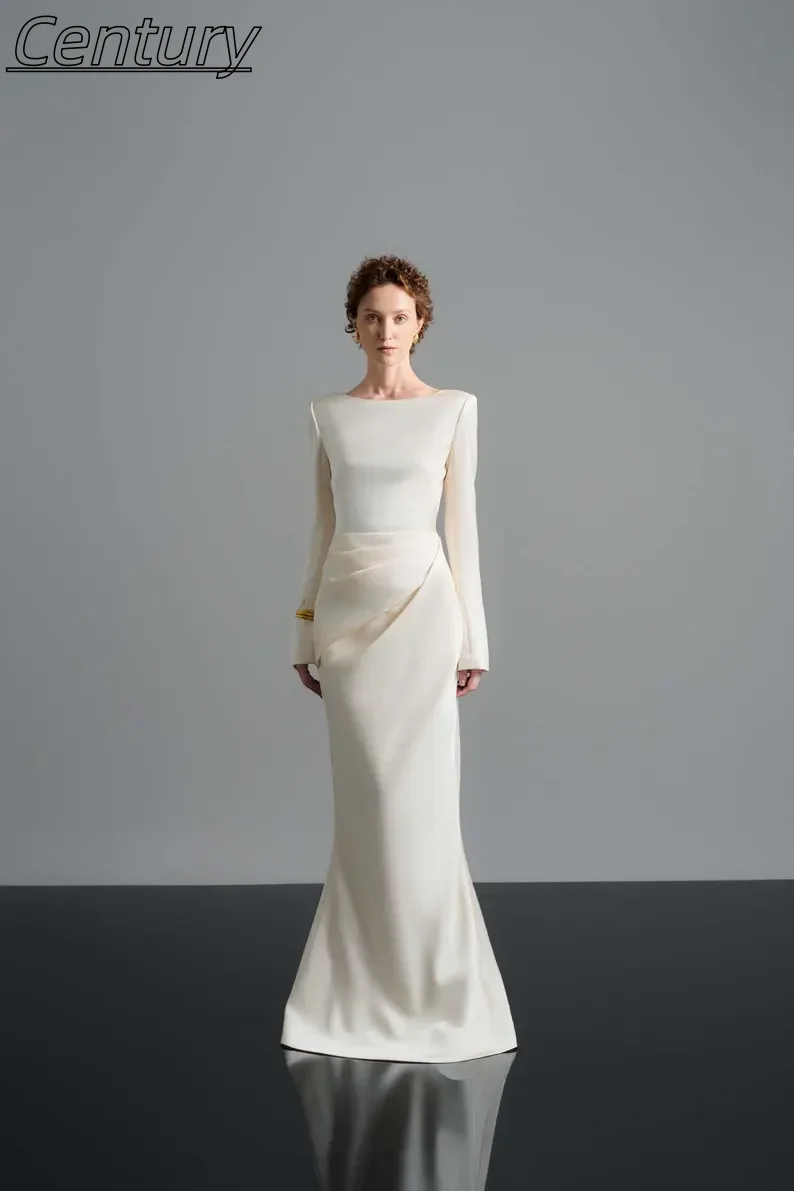 

Elegant Wedding Dress White Satin Floor Length Train Long Sleeve Slim Fit Party Gown Customizable