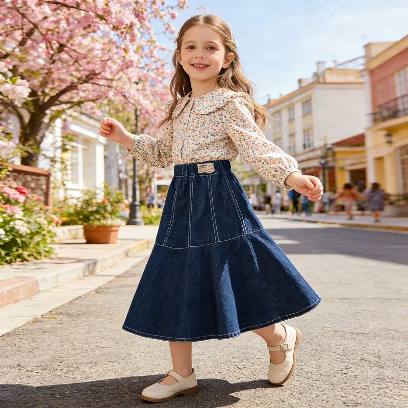 2026 New Girls Denim Skirt Spring Summer Kids Midi Skirt Fashion Princess Style Casual Denim Dress School Outfit Versatile Wear