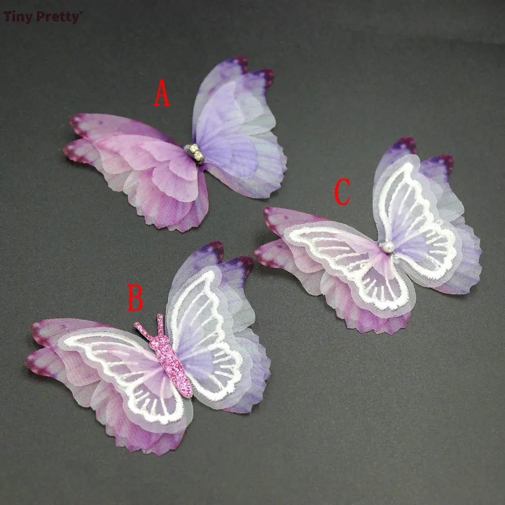 10pcs 75mm Four-layer Lavendar Pruple Stone Organza Butterflies Fabric Butterfly Applique Patches Bridal Wedding Decoration