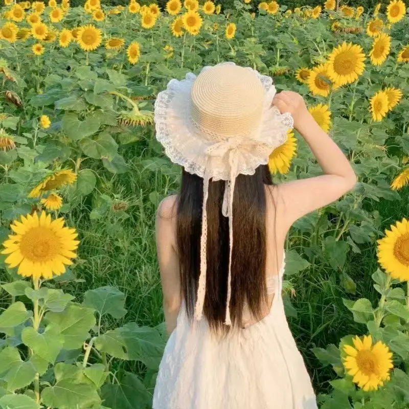 Lolita chapéu com gravata borboleta renda doce jk palha sol headdress para mulheres vintage verão boho photoshoot acessórios praia festa à beira-mar