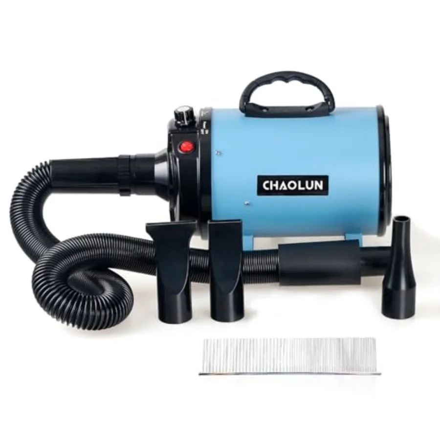 

Фен для собак и других животных, высокоскоростной, с нагревателем, регулируемой скоростью, 3 насадками и расческой, синий