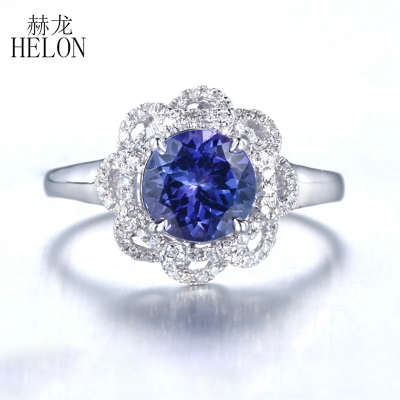 

HELON Solid 14k White Gold Round 7mm Genuine Tanzanite Diamonds Engagement Wedding Ring Women Gemstone Fine Jewelry Gift