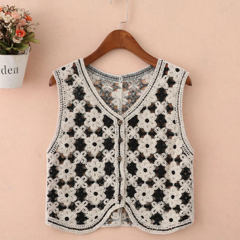 

Retro Crocheted Hollow For Women 2024 Spring And Summer New Korean Style Short Slim Knit Vest Waistcoat