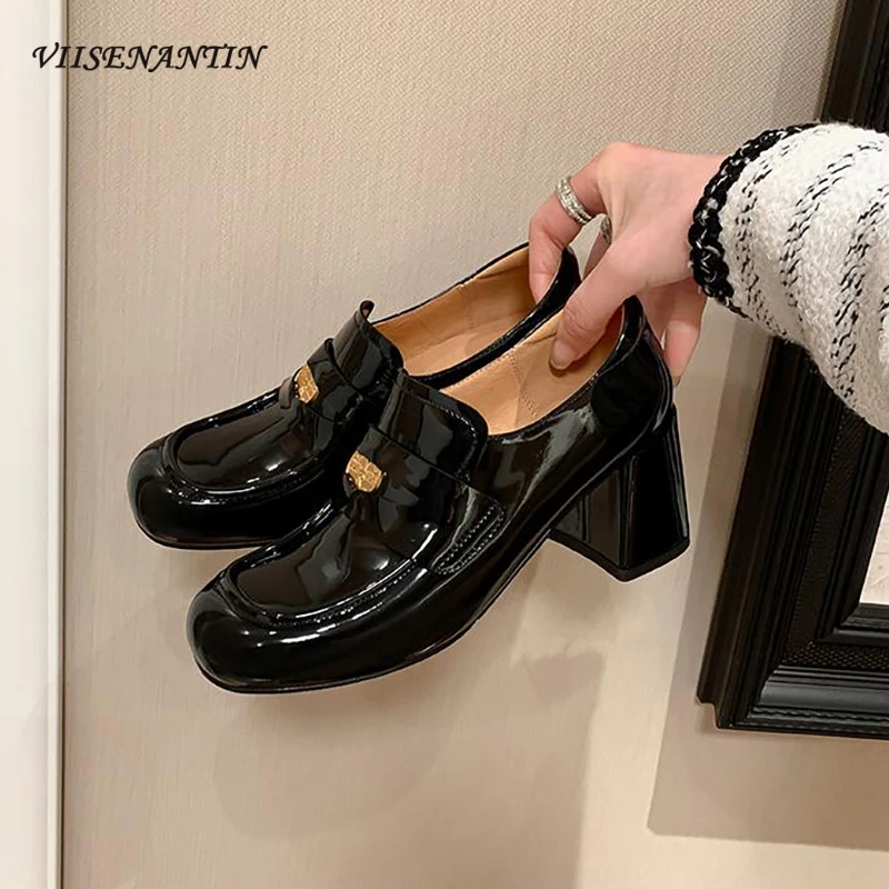 New Style Patent Leather Women Pump Round Toe Chunky High Heel Loafer British Style Slip on Casual College Footwear Sliver Black