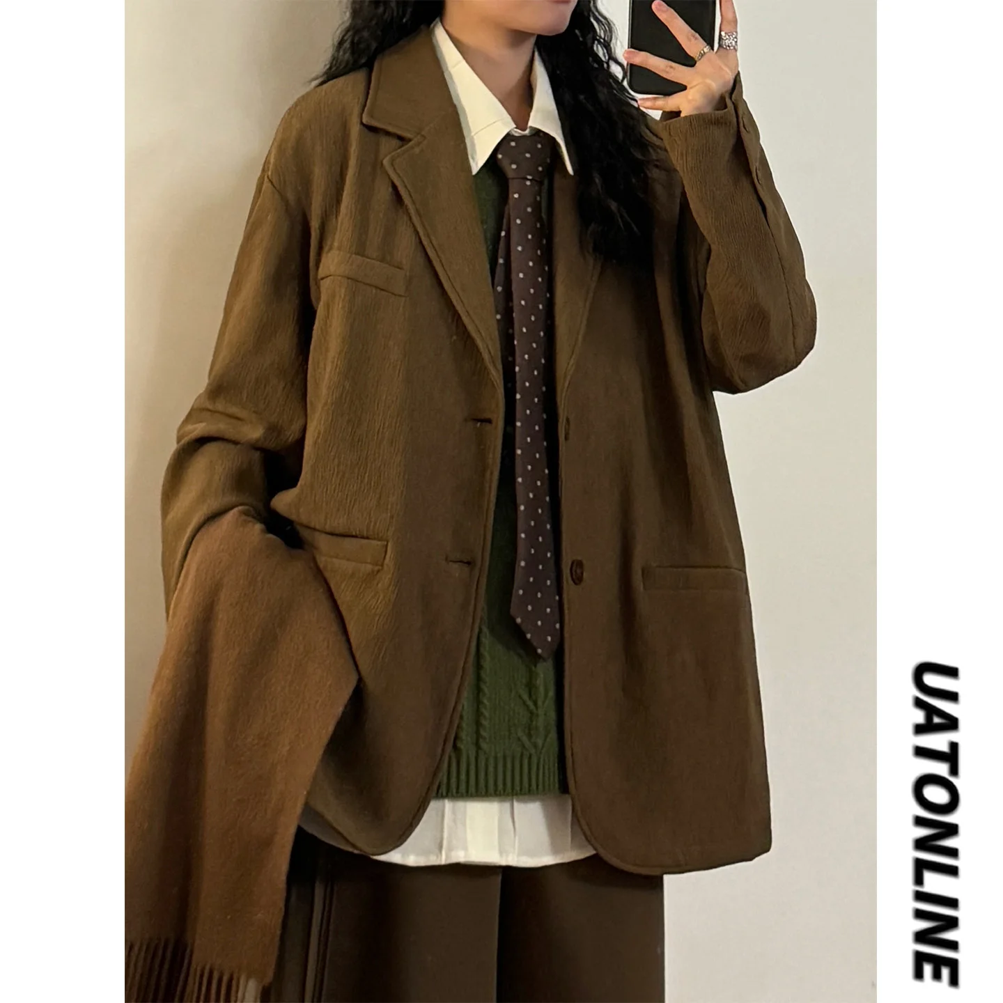 

UATONLINE Осенне-зимний костюм в американском ретро-стиле с текстурой, плиссированный, высококачественный, цвета малахит, свободный, женский, повседневный, модная верхняя одежда