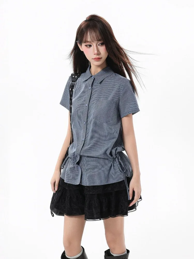 

Ezgaga Plaid Shirts Women Short Sleeve Vintage Turn Down Collar Sweet Grunge Pockets Y2k Harajuku Blouse Female Casual Tops