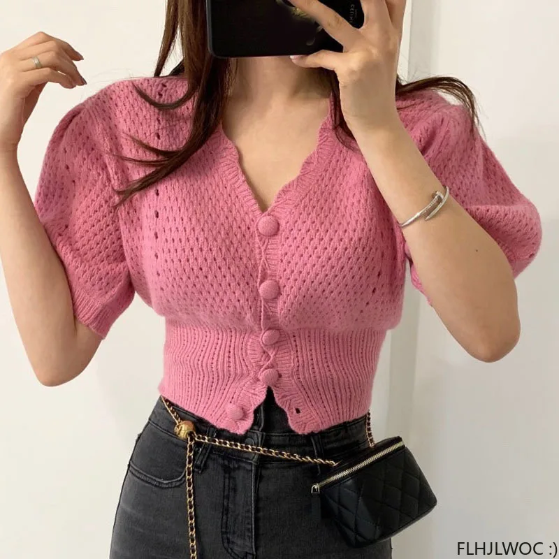 Puff Sleeve Knitting Sweater Tops Summer Short Sleeve Solid Pink White Black Button Short Crop Shirts