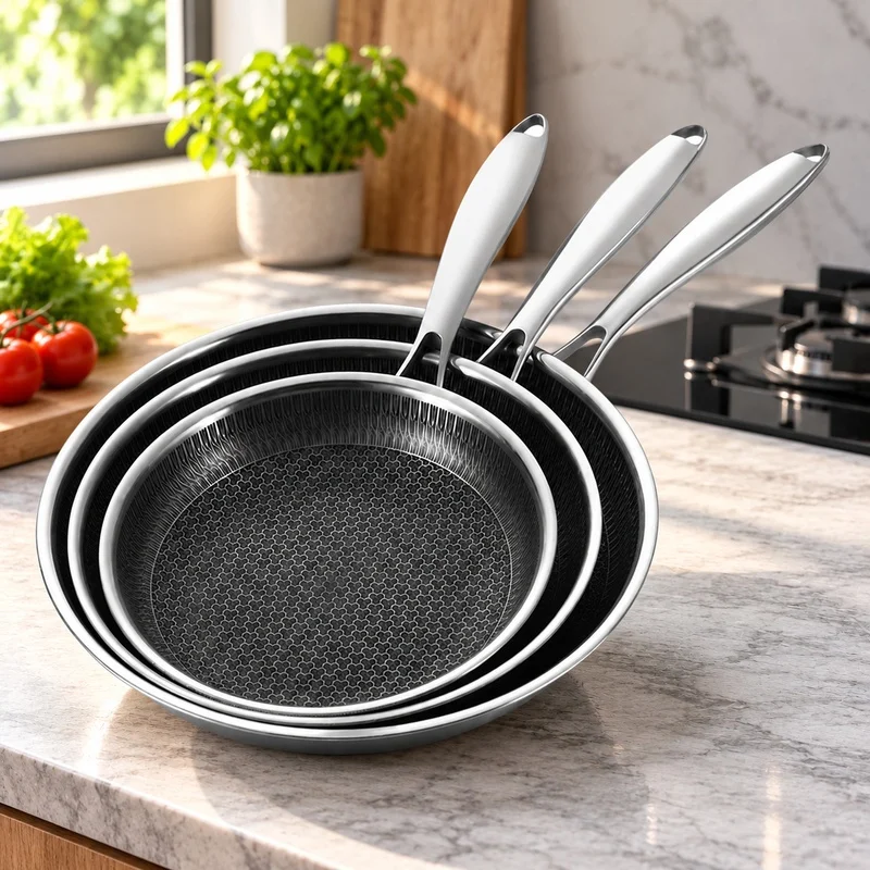 Set of 3 Nonstick Stainless Steel Fry Pans 20, 24, 28cm - PFOA-Free, Dishwasher Friendly Cookware