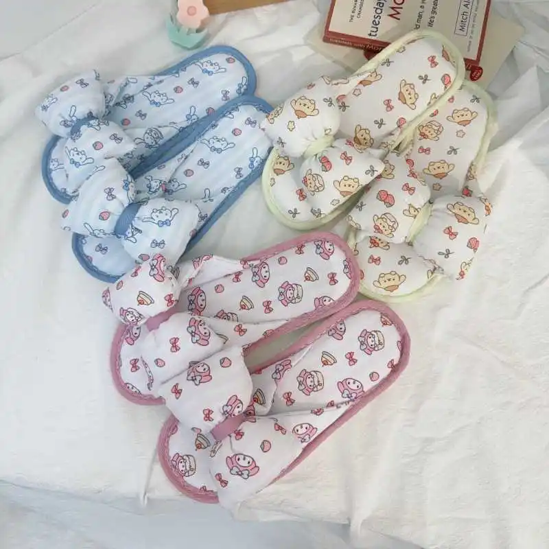 

Cartoon Bow Fabric Slippers Four Season Collection Hello Kittye My Melody Cinnamoroll Female Home Soft Soled Non Slip Slippers
