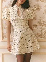 Retro Polka Dot Mini A-line Dress Women Elegant Stand Collar Puff Short Sleeve Waist-cinching Dresses Lady Party Robe 2026 New - Image 5