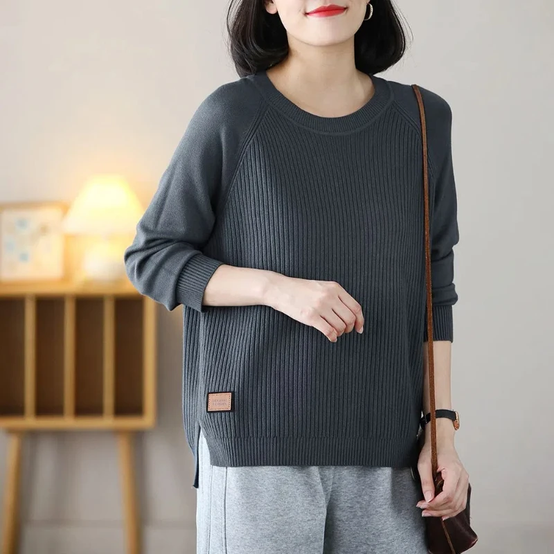 Korean Women\'s 2024 Autumn Winter New Splicing Pullovers O-Neck Screw Thread Fashion Solid Loose Casual Long Sleeve Knitted Top