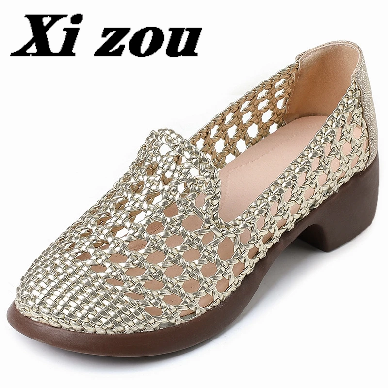 

Летние плетеные сандалии из натуральной кожи с круглым носком, 2025 г., удобные дышащие сандалии большого размера, женские сандалии на толстой подошве на среднем каблуке