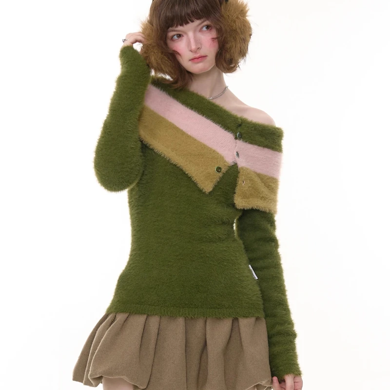 Pull tricoté en peluche pour femme, rayé, épaules dénudées, Design rétro américain, doux et mignon, nouvelle collection automne hiver