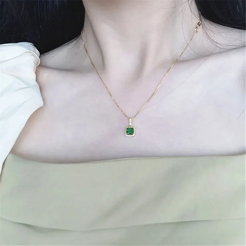 Kalung liontin zirkon hijau buatan tangan, perhiasan wanita elegan rantai klavikula 925 Sterling Silver temperamen sederhana