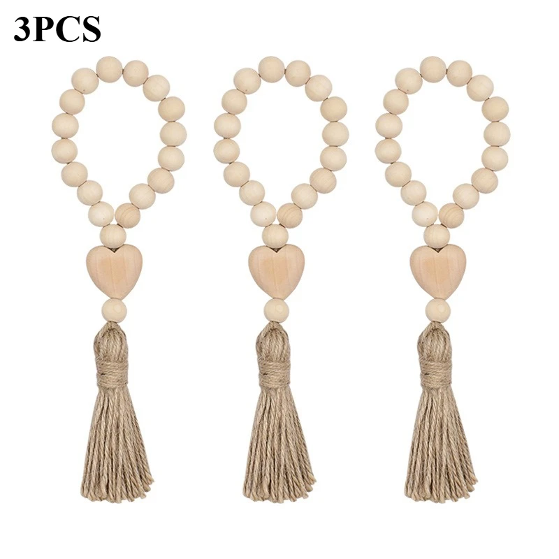 1Pcs Log Color Wood Bead Garland Rustic Wall Hanging Hemp Rope Tassel Beaded with Heart Knot Woven Pendant Home Decoration