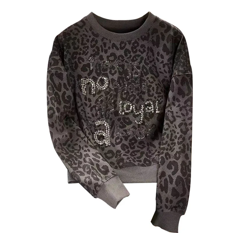 جديد تي شيرت بأكمام طويلة للنساء خطابات ليوبارد طباعة مسمار الخرز المألوف وعصري تنوعا البلوز #4