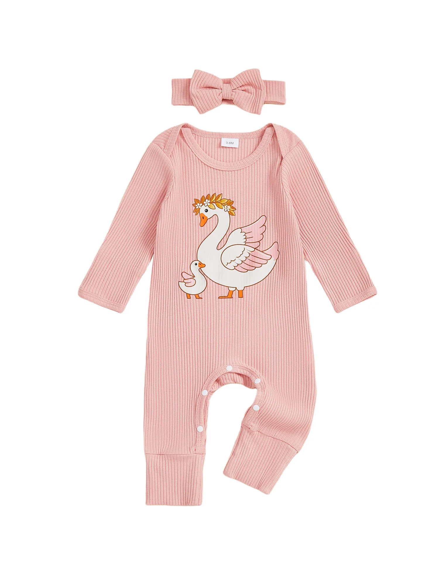 

Комбинезон для маленьких девочек, модный комбинезон с круглым вырезом и длинными рукавами с принтом лебедя и повязкой на голову