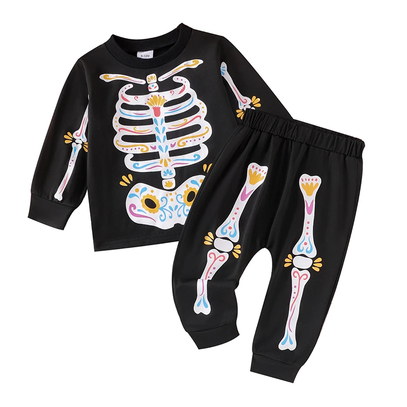 New Baby 2Pcs Halloween Outfits Long Sleeve Skeleton Print Sweatshirt Tops Pants Set Day of the Dead Clothes Halloween Costume