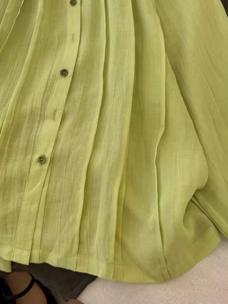 Unico lungo Sve irt Estate da donna Nuovo Sle Sottile Protezione solare Cotone Lino Pieghettato Avocado een Colore Versatile Loos...