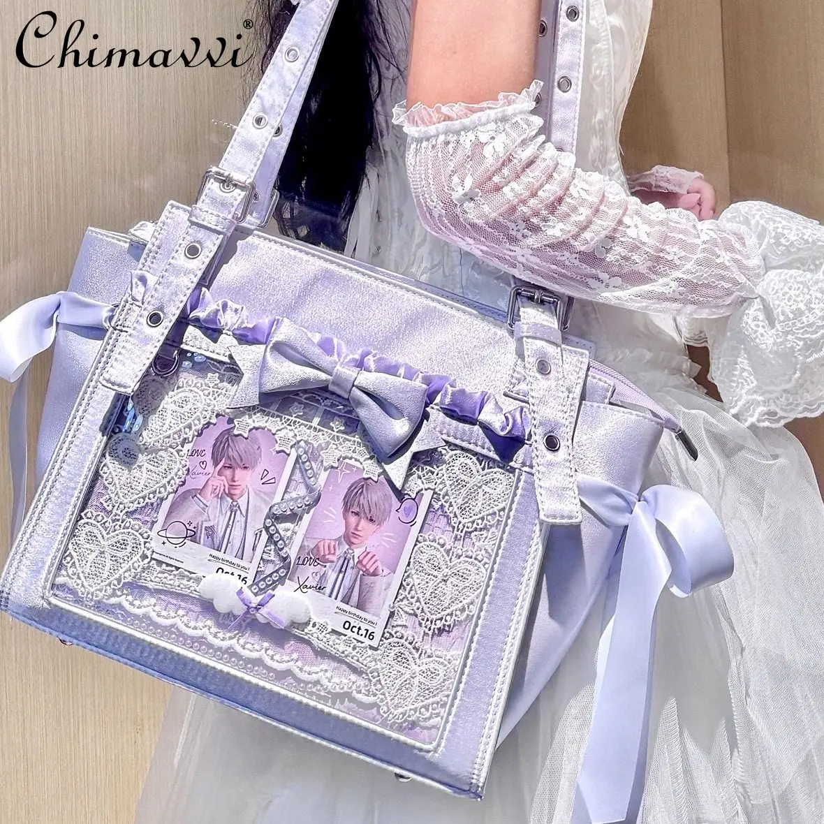 

Japanese Sweet Girl Satin Small Capacity Ribbon Single Shoulder Bag Kawaii Student Double Shoulder Comic Exhibition Pain Bag
