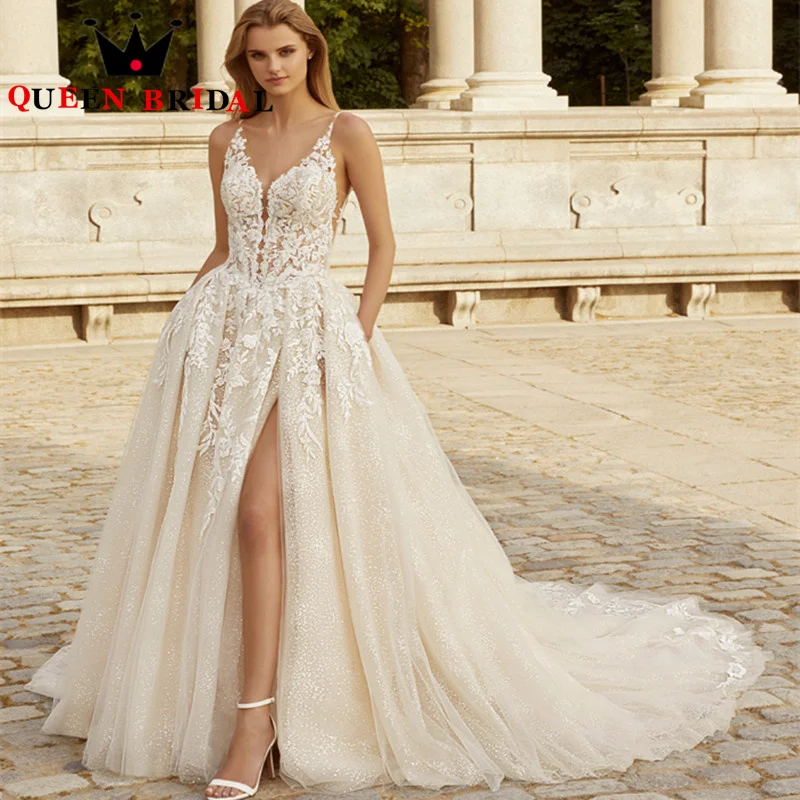 Sexy A Line V Neck Wedding Dresses 2023 New Apliques Lace Backless Spaghetti Straps Bridal Gowns Vestidos De Novia Custom D73C