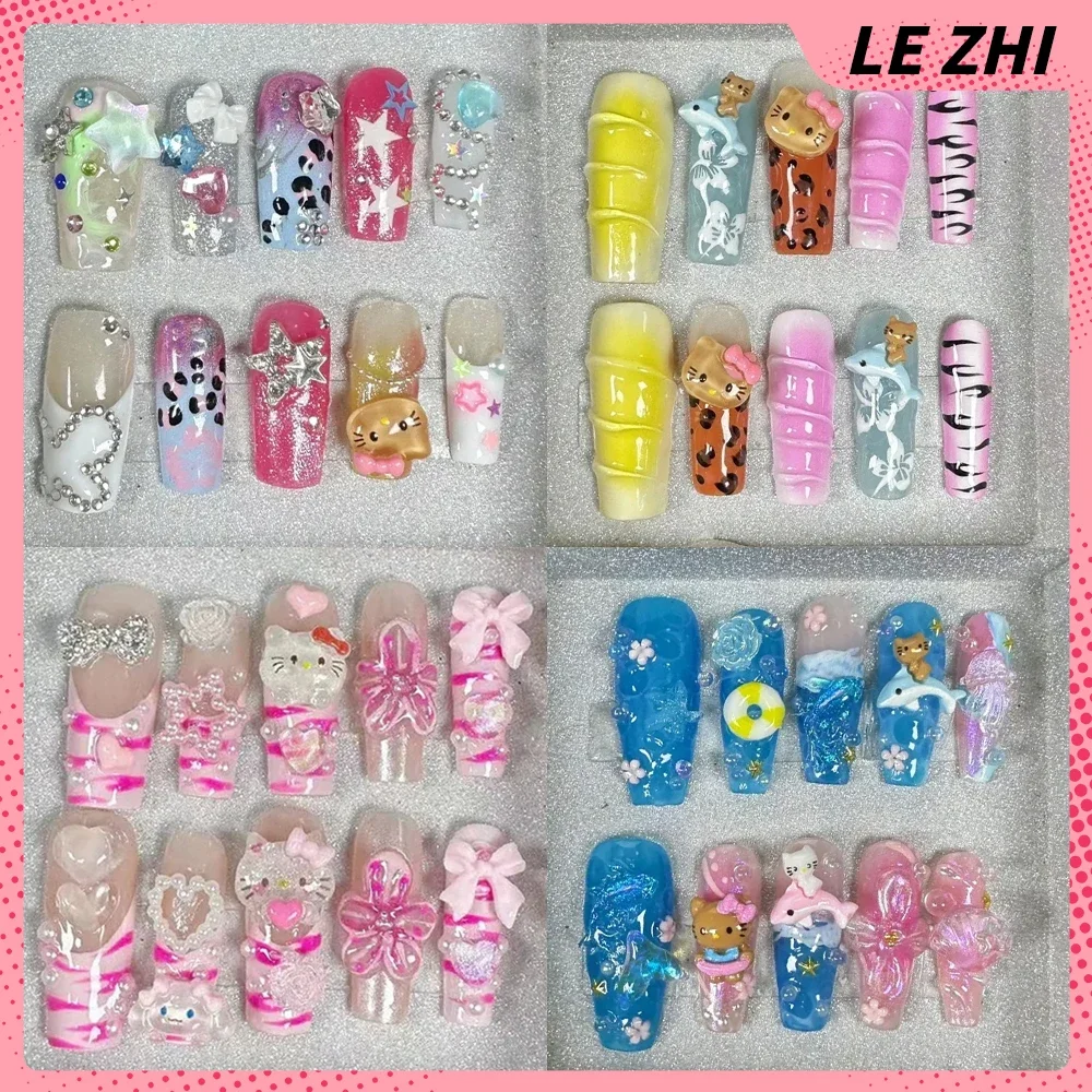 Kawaii Flowers Blue Ocean Square Hellokitty Handmade Fake Nails Originality Custom Y2K Reusable Full Cover Nail Party Stickers