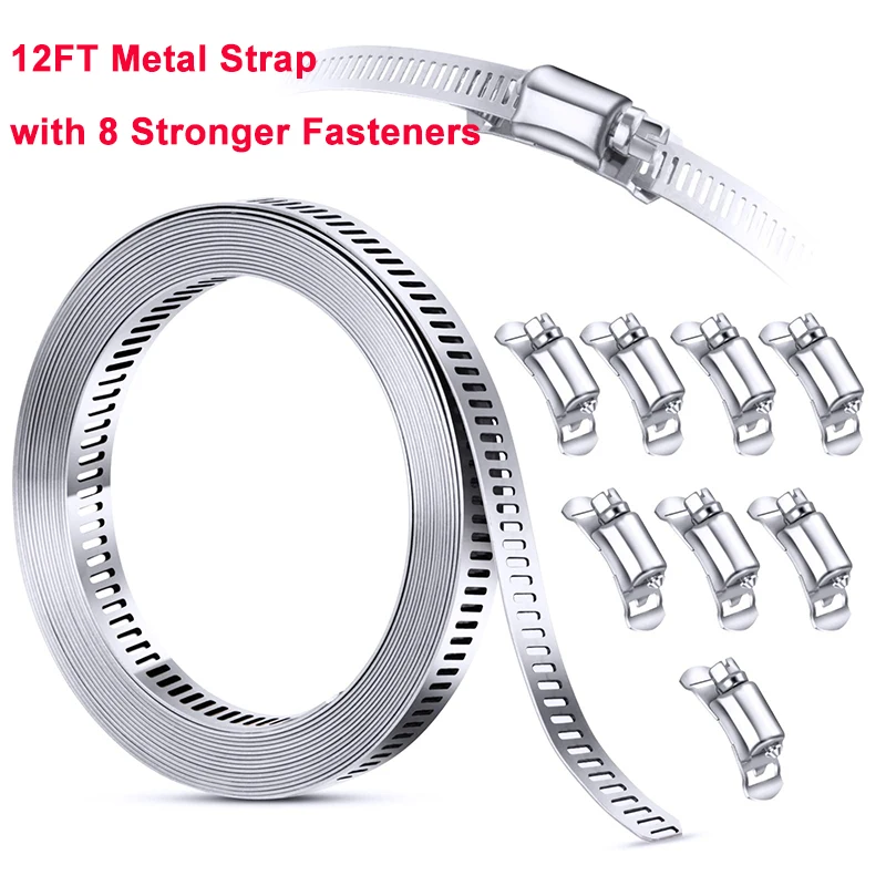 NEW 304 Stainless Steel 3.5M Hose Clamp Strap with 8 Fasteners Worm Clamp Adjustable Worm Gear Pipe Ducting Hose Clamp 11.5Feet