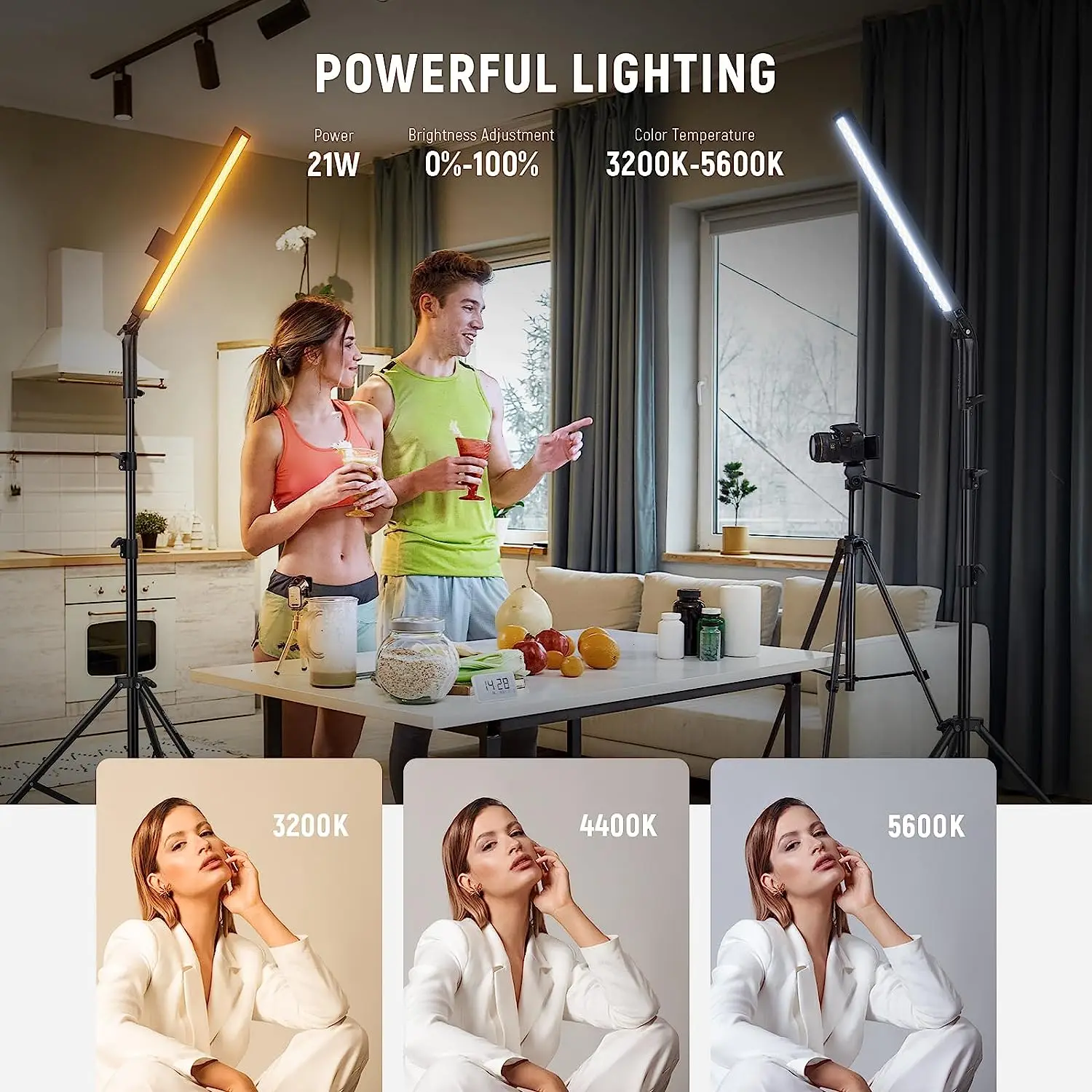 NEEWER Upgraded LED Video Light Stick Kit 2 Pack Handheld Dimmable 3200K~5600K CRI97+ Video Lights with Stands/Filters/Carry Bag