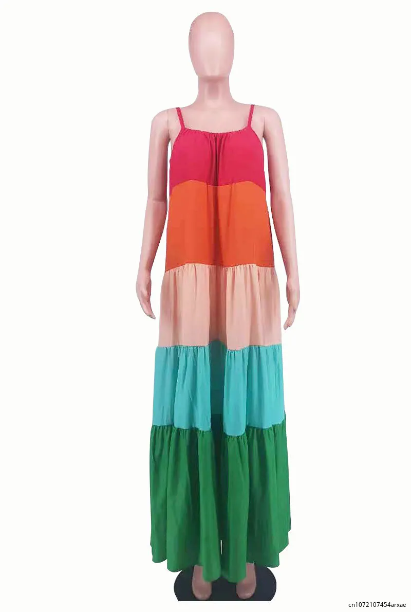 Vestido Midi informal de verano para mujer, traje Multicolor de retazos con escote en V y tirantes, sin mangas, 2024