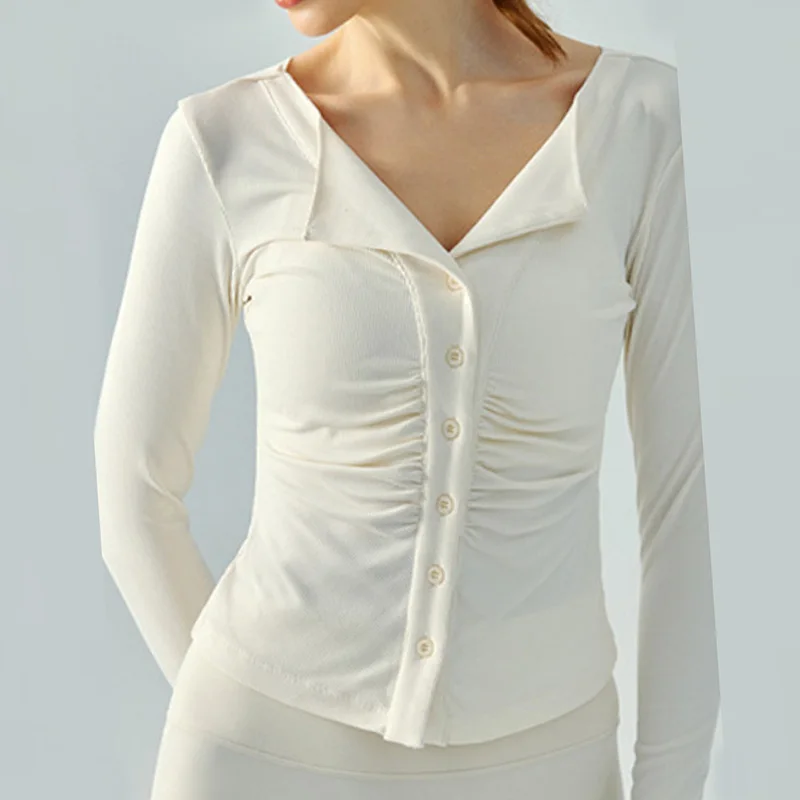 

PofyBofy Рубашка для бега в рубчик с длинными рукавами и рюшами спереди Спортивные топы Тренажерный зал Топ для фитнеса Быстросохнущая рубашка с V-образным вырезом Топ на пуговицах спереди