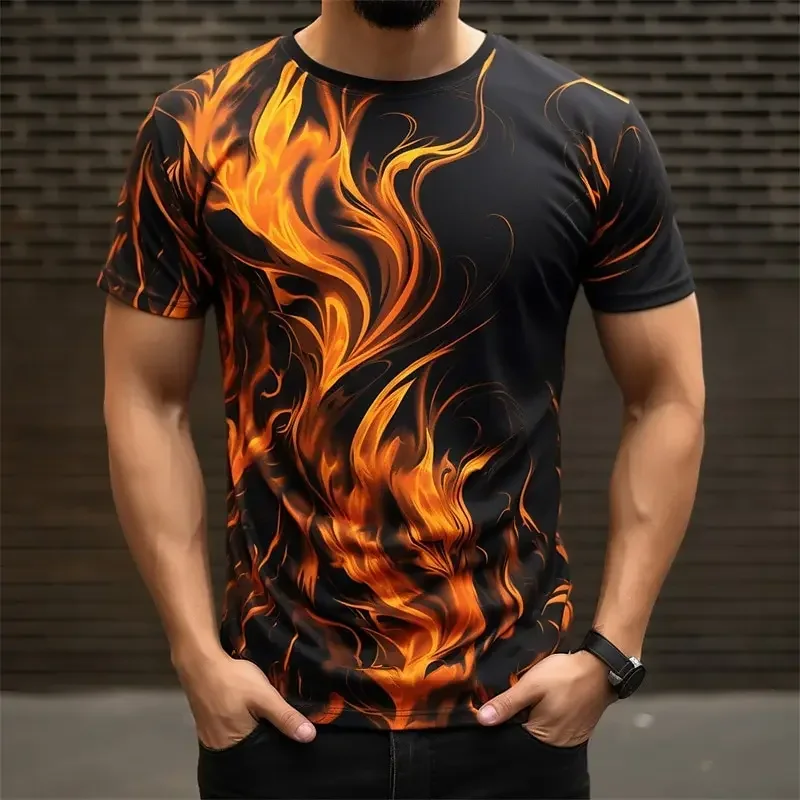 Best-selling Fashion 3D Printed Flame T-shirt Men's Summer Comfortable Breathable Top Casual O Collar Oversized T-shirt