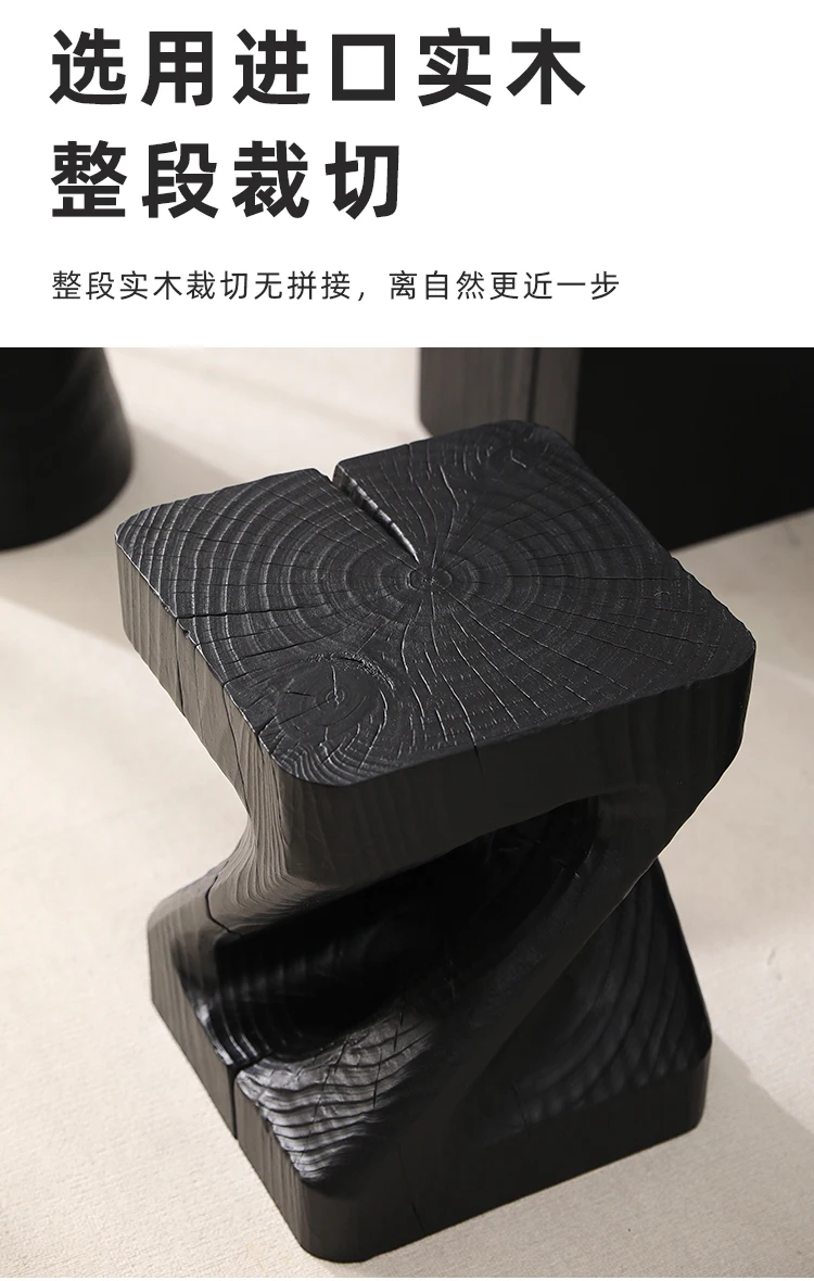 Wabi-Sabi Charred Wood Side Table Handcrafted Tree Stump Stool with Natural Texture Bedside Coffee Table for Home Decor