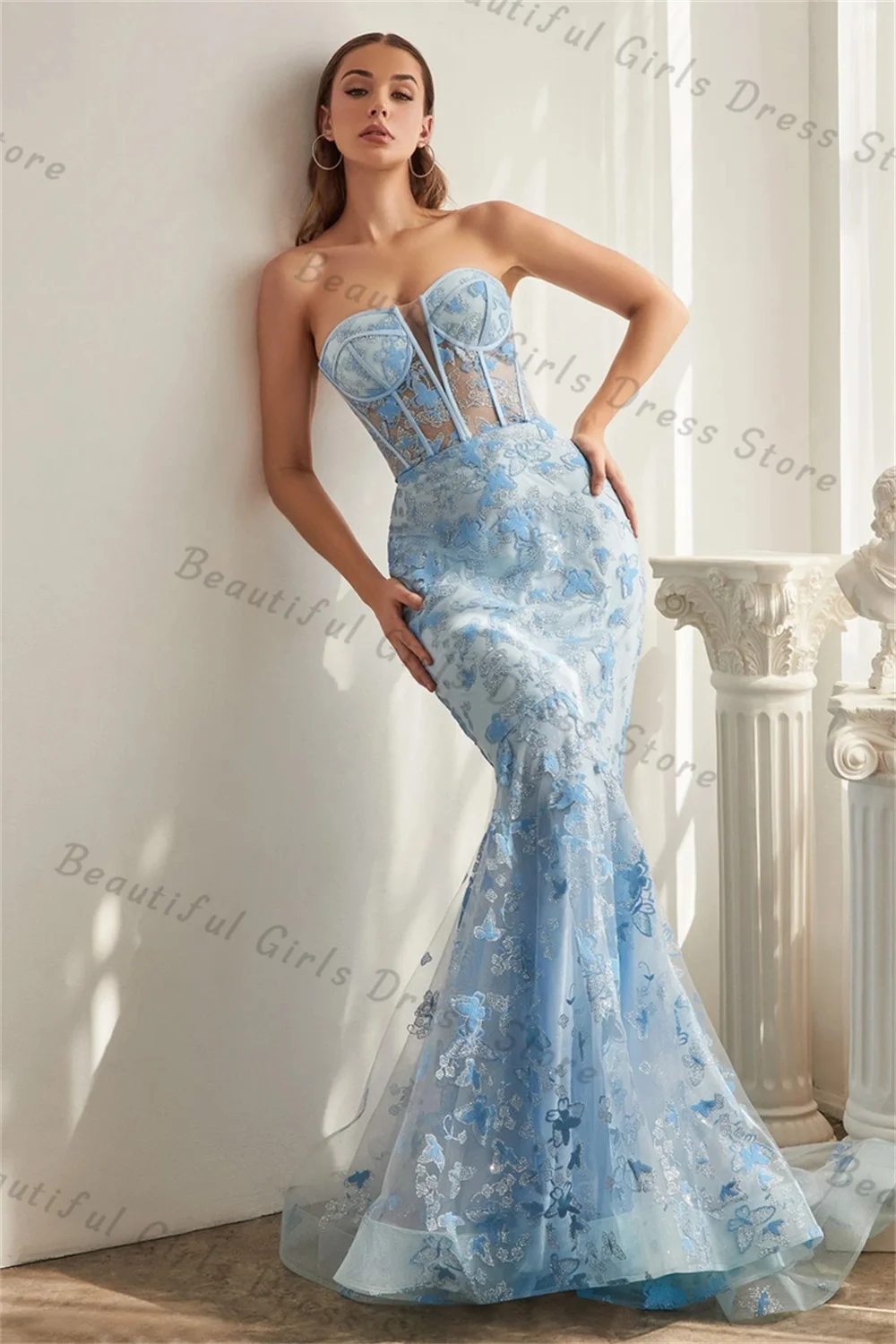 Sexy Tulle Sweetheart Mermaid Evening Dresses Lace Appliques Sleeveless Sheer Corset Prom Gown Backless Long Formal Ball Party