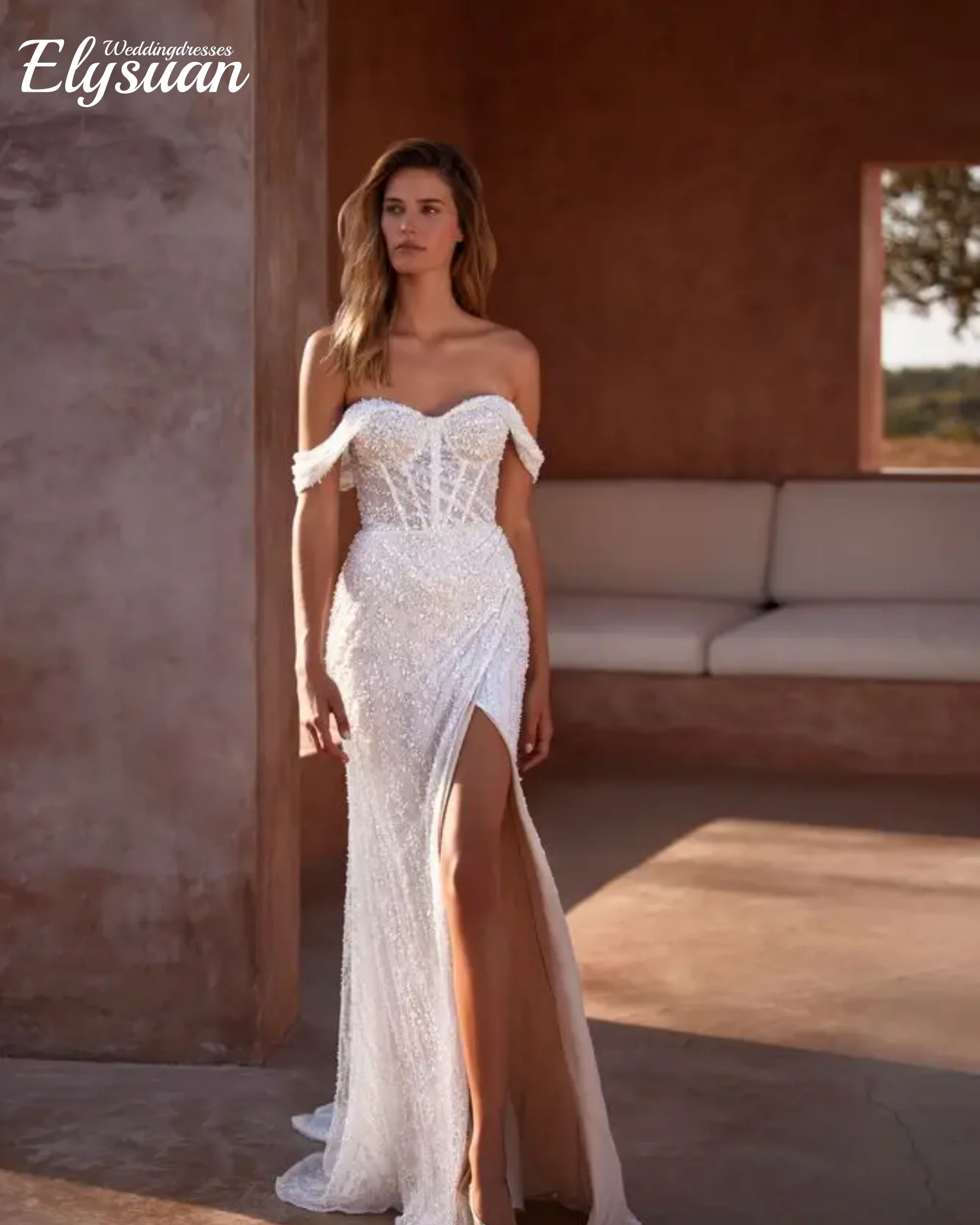 

Customized Bling Off The Shoulder Sweethart Pleat Beaded Sequined Wedding Dresses Side Slit Formal Bridal Grow Vestidos de Novia