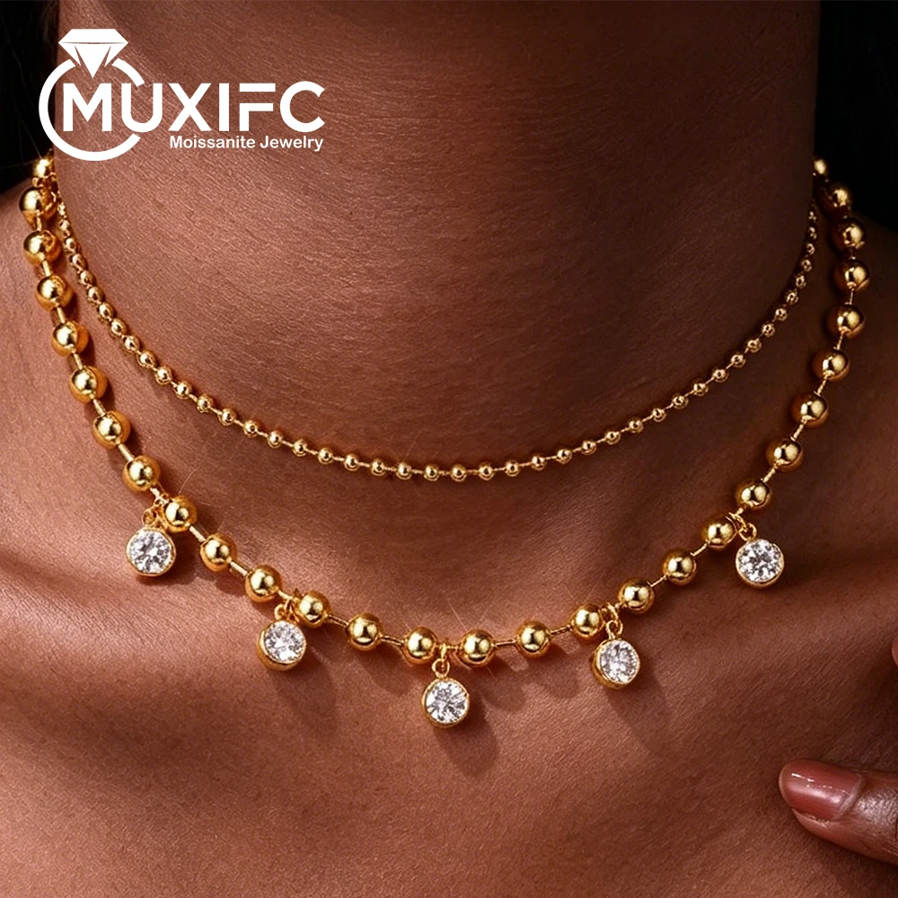 5cttw Round Cut All Moissanite Pendant Necklace Choker 925 Sterling Silver Plated 18K Gold Necklace for Woman Double Bead Chains