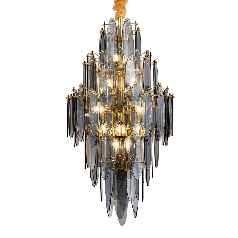 

Light luxury living room, large chandelier in the hall, high-end stair lamps in the villa