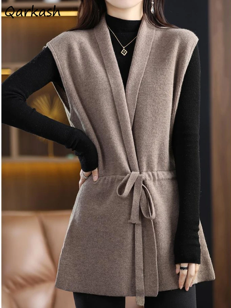 Sweater Vests Women V-neck Cozy Elegant Sleeveless Autumn Winter Knitting Office Lady Vintage Pure Loose Coats Korean Fashion