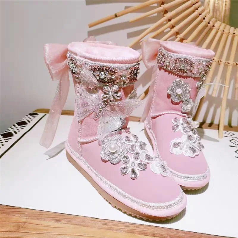 

Luxury rhine-diamond pearl ribbon fur one party Sweet snow boots thick warm women's shoes 35-39