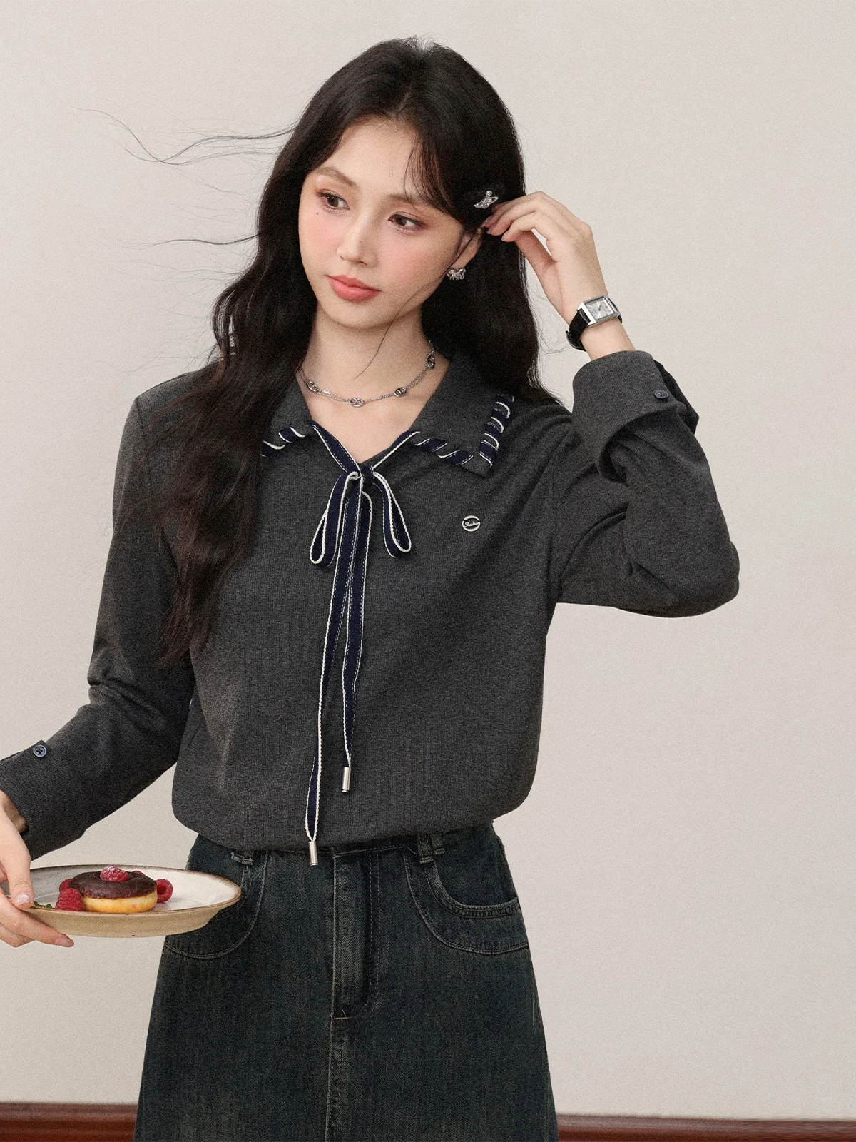 

Loose Long Sve Women's irt with Belt ey Autumn Faion Single Wear Comfortable Top by Zhang Soda Beverage Brand